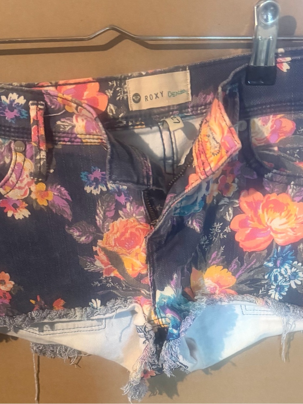 Roxy Floral Denim Cutoff Shorts - Navy with Pink Orange Yellow Blooms